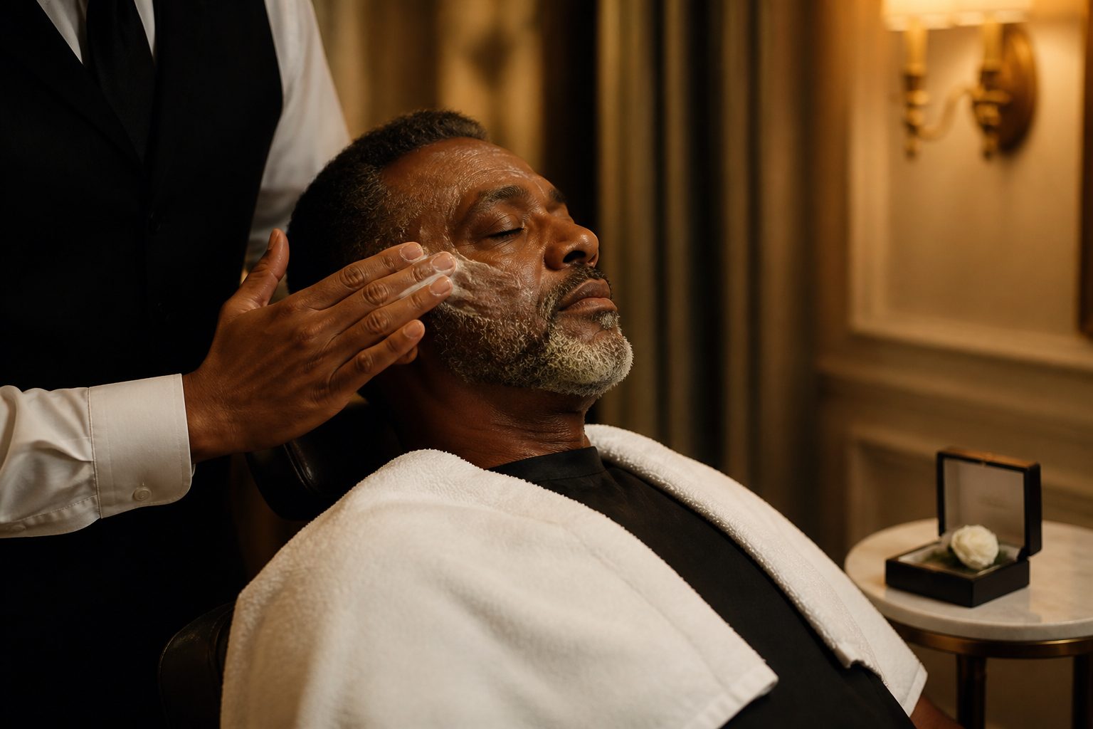 Illustrative scene: a man rests during quiet facial care before a family ceremony.