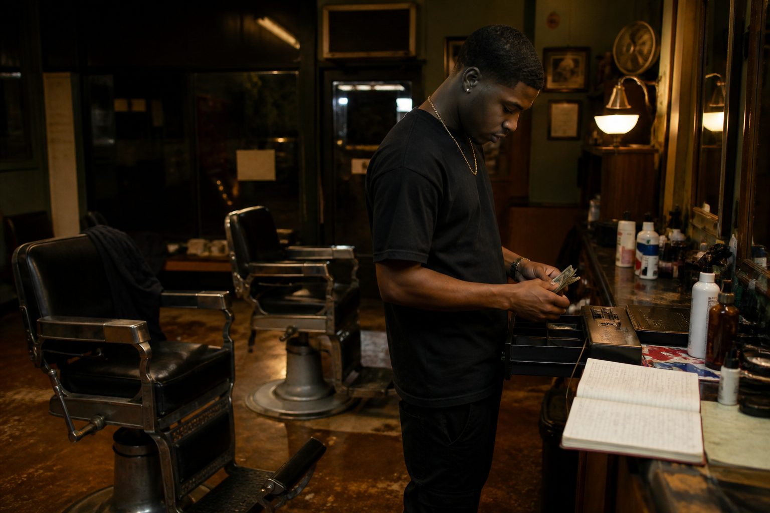 Illustrative scene: a young barber closes the till in a two-chair shop.