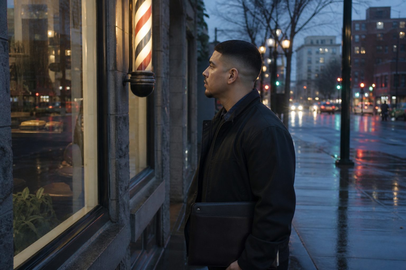 Illustrative scene: a man stands outside a barbershop on a wet city sidewalk.