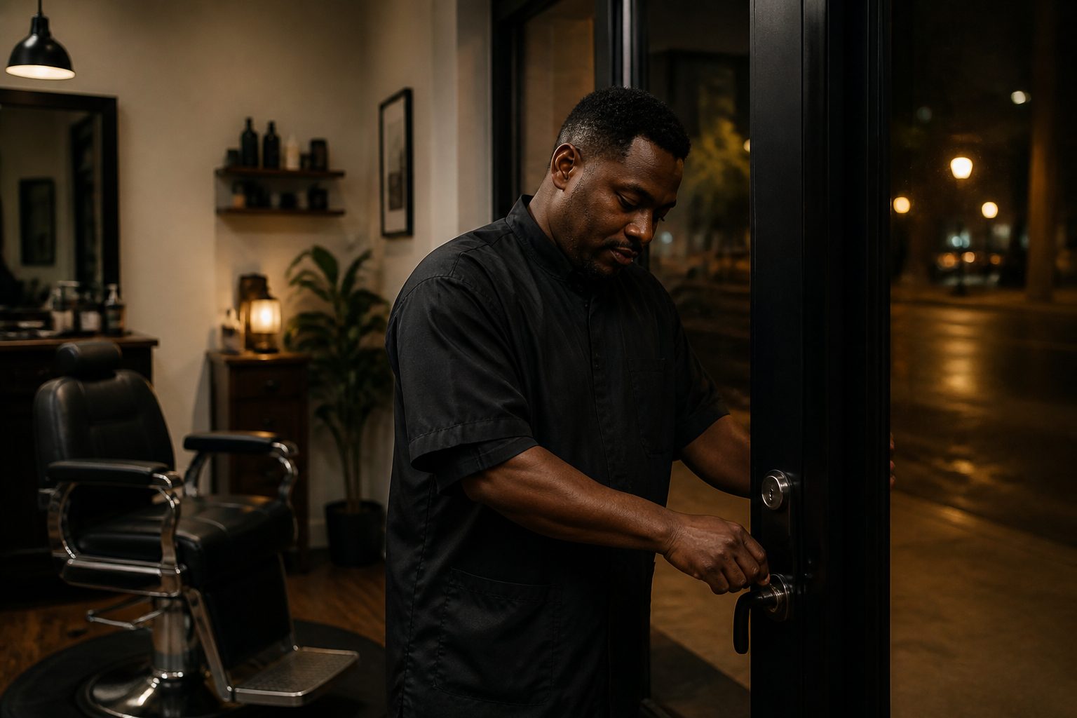 Illustrative scene: a barber locks a small one-chair studio after night hours.