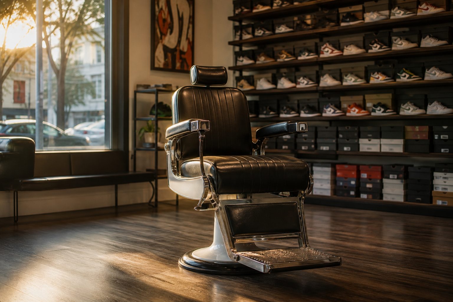 A single barber chair set among sneaker shelves in a downtown shop.