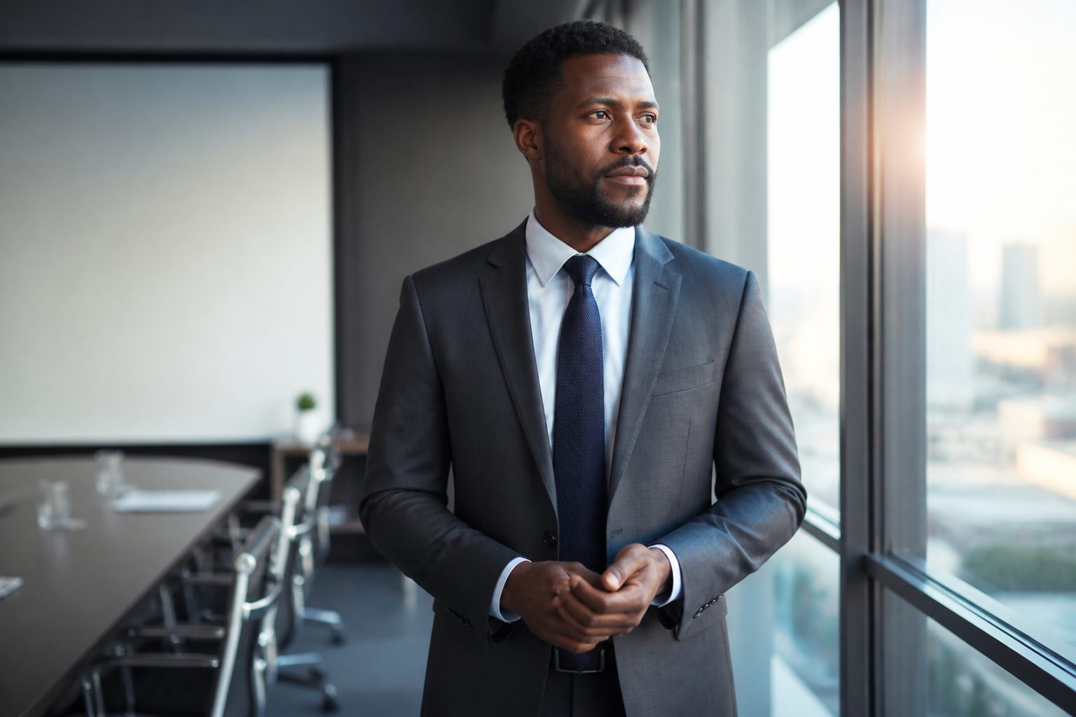 Illustrative scene: a man in a charcoal suit stands by a conference-room window before presenting.