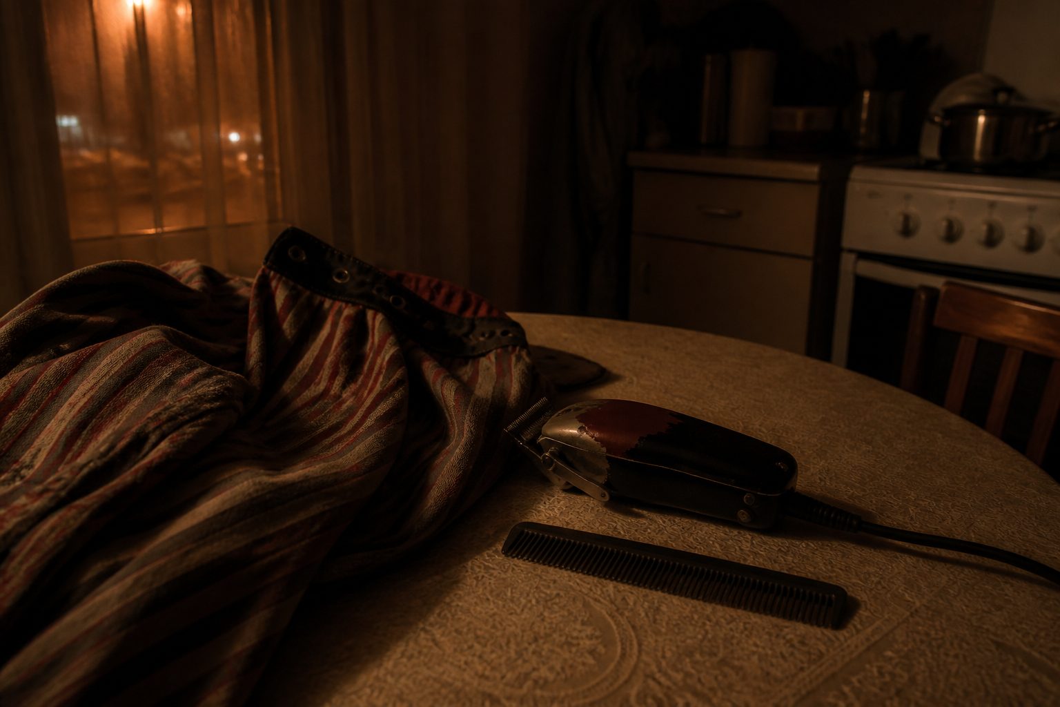 Worn clippers and a faded cape on a kitchen table at night.