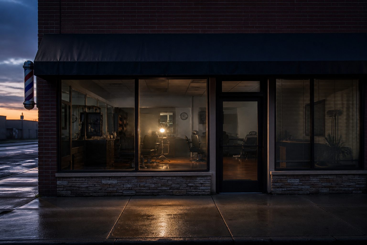 A closed barbershop storefront at dusk with one work light still on.