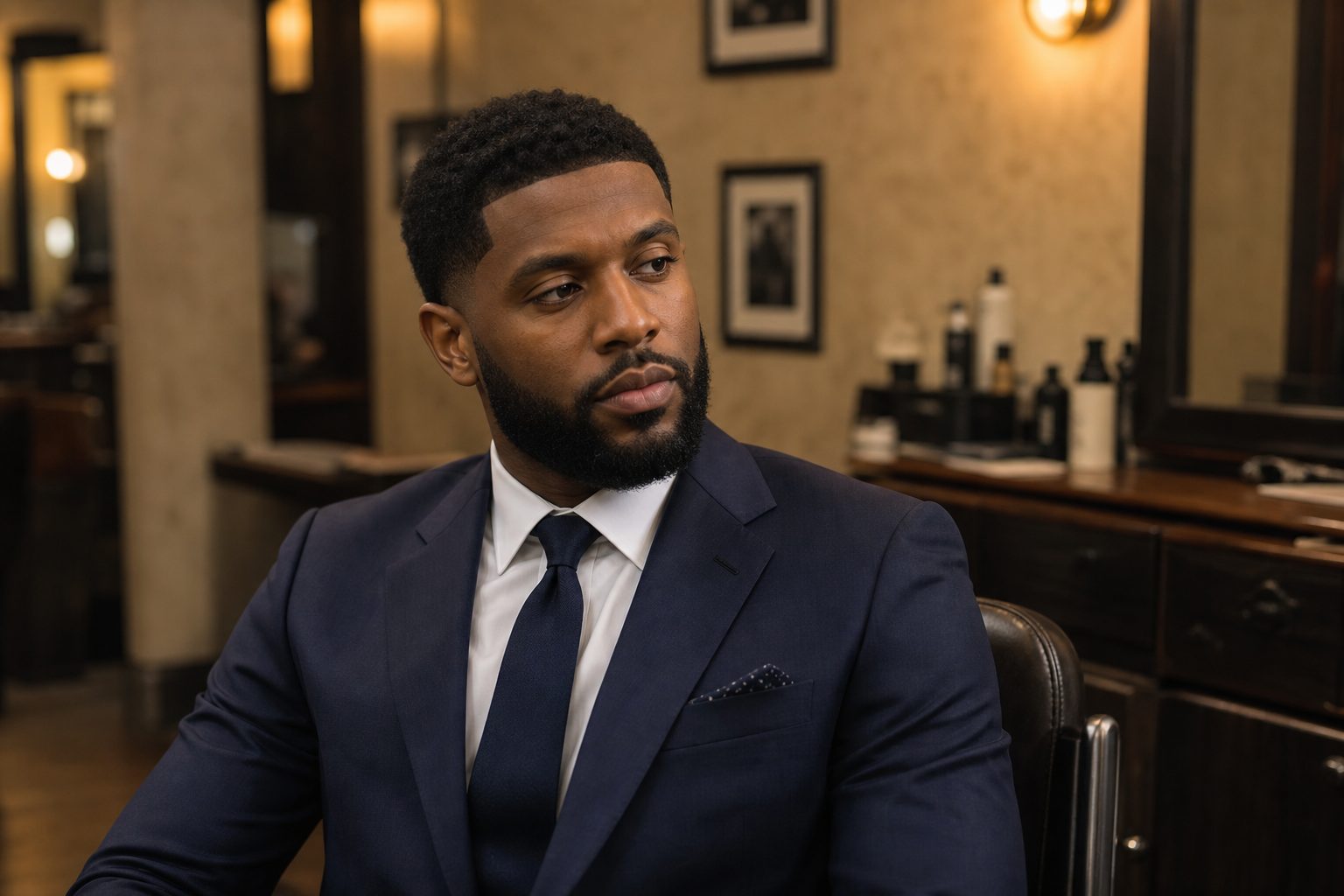 Illustrative scene: a man in a navy suit sits in a barbershop chair after a fresh cut.
