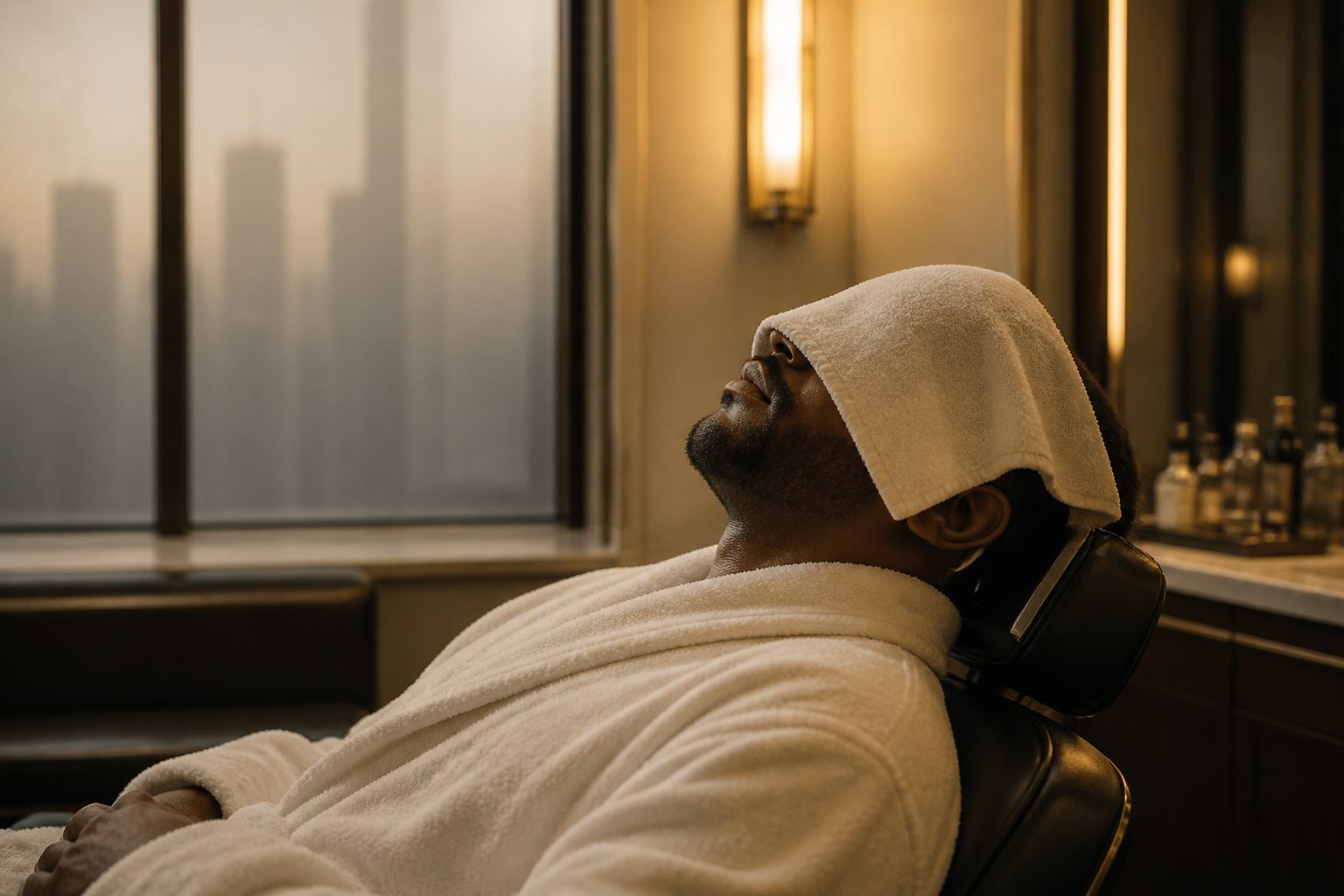 Illustrative scene: a man rests with a warm towel during a quiet reset.
